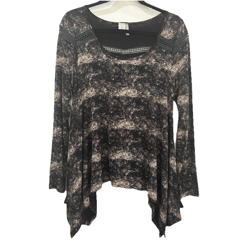 Paper Crane Top Womens M Boho Round Neck Long Sleeve Handkerchief Hem Black/Tan